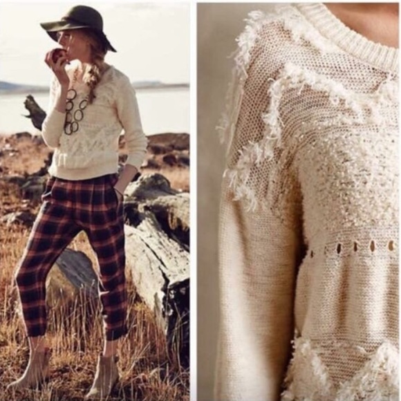 {Anthro / Moth} Bramble Ecru Textured Fringe Macramé-Inspired Boho Sweater - Picture 5 of 8